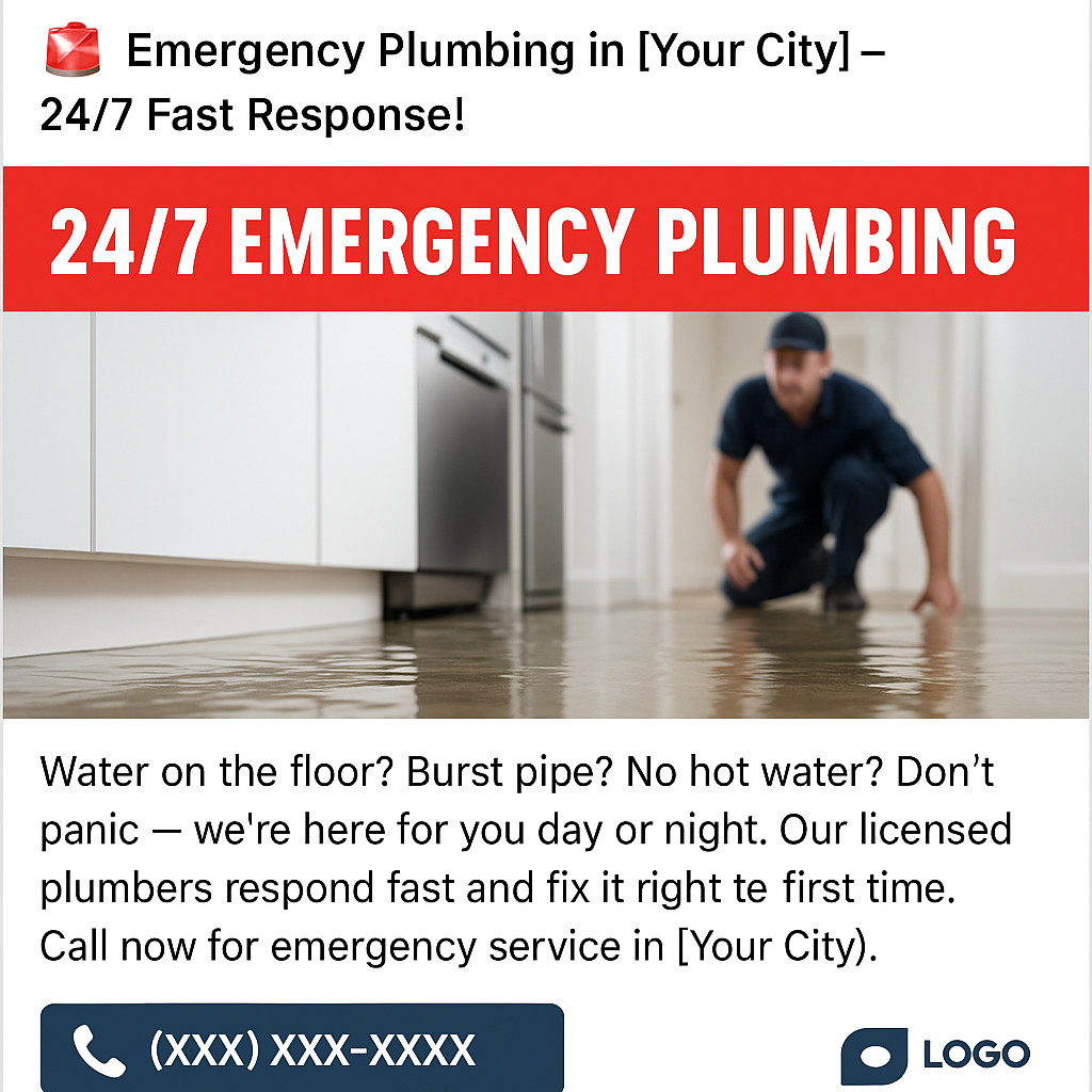 Advertisement for 24/7 emergency plumbing services with a plumber on a flooded floor.