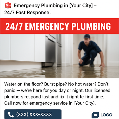 Advertisement for 24/7 emergency plumbing services with a plumber on a flooded floor.