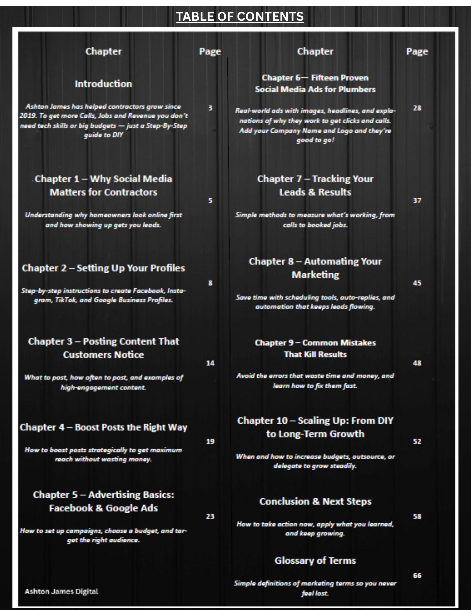 Table of contents for a digital marketing guide on a black background