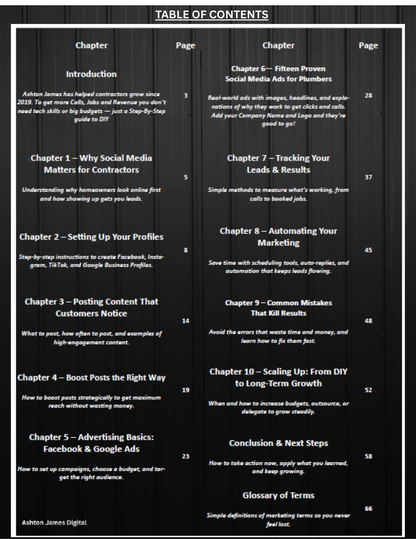 Table of contents for a digital marketing guide on a black background